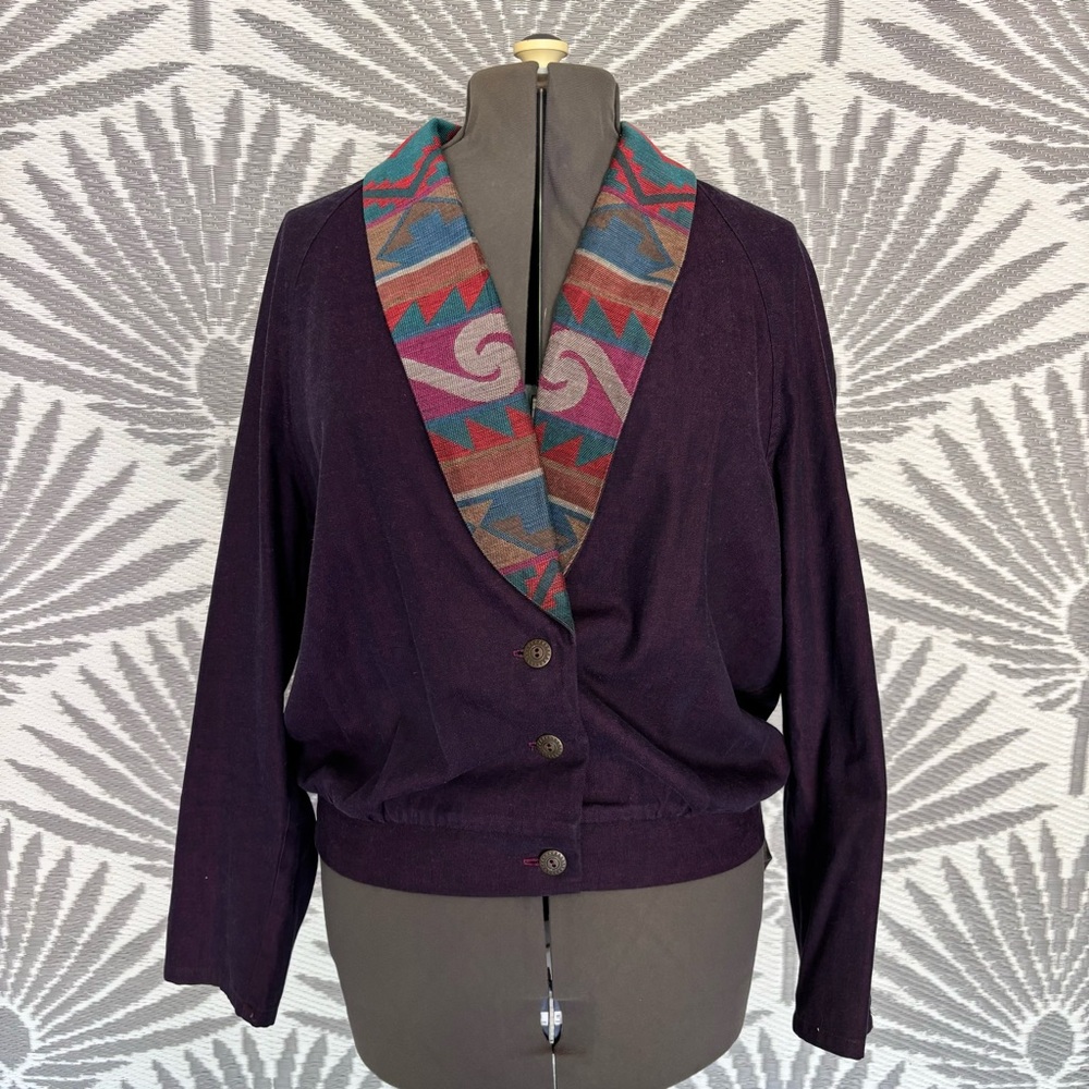 Vtg 80s Denim Southwestern Blazer Jacket Women’s Sz M Purple Aztec USA Made